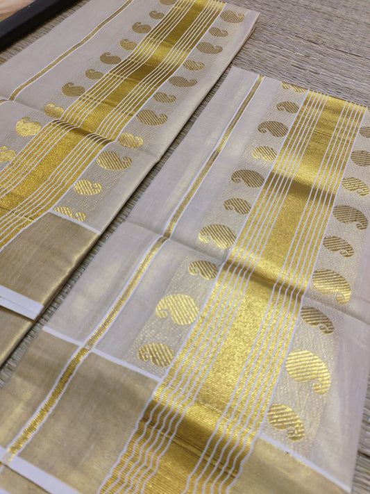 Premium Gold Tissue Set Mundu With Mango Buttas.