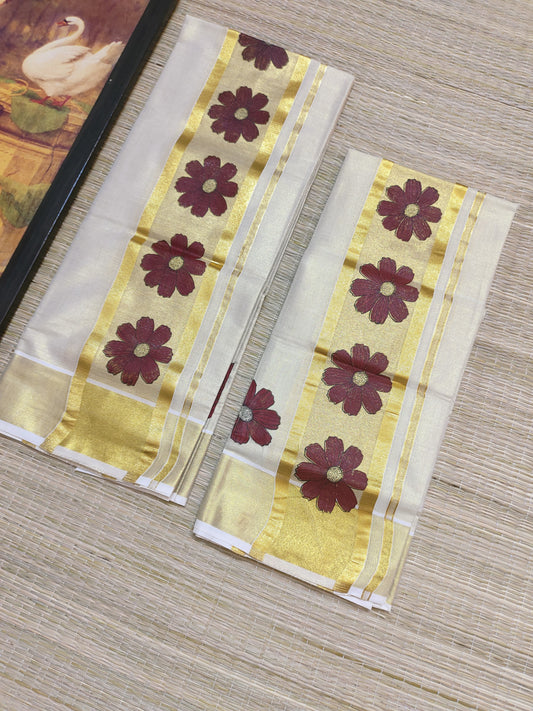 Premium Tissue Set Mundu With Floral Prints.