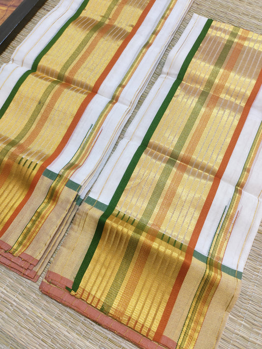 Premium Kuthampully Handloom Cotton Set Mundu With All-Over Stripes.
