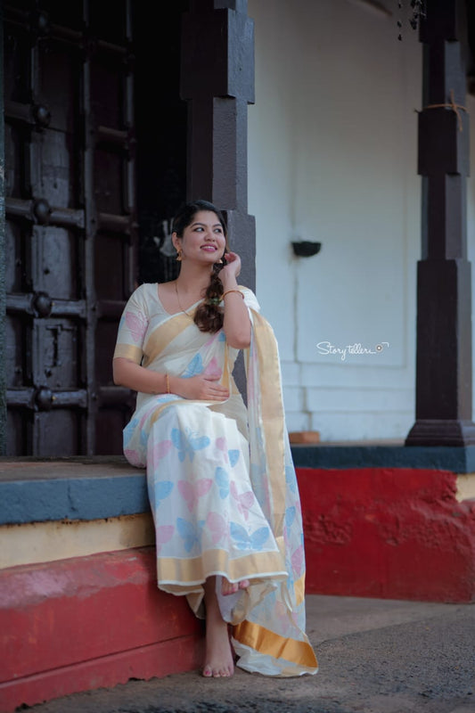 Premium cotton saree in butterfly handblock prints
