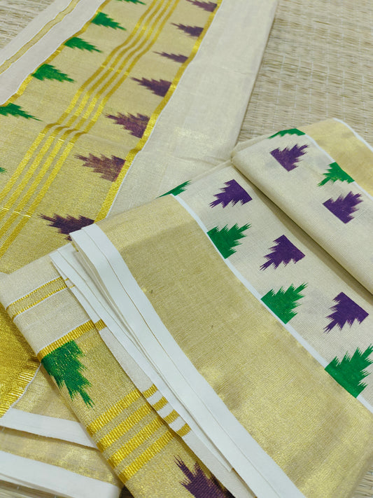 Golden tissue Kerala Set Mundu with printed temple borders (2.80m)