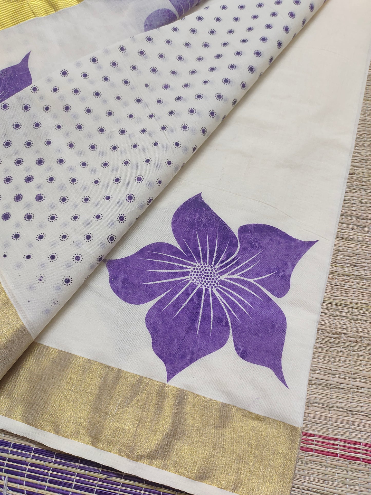 Premium cotton Kerala saree with trending floral prints and premium zari