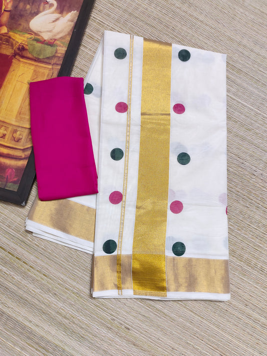 Trending Polka Dots on Premium Kerala Kasavu Saree- WITH SATIN BLOUSE (1 MTR)