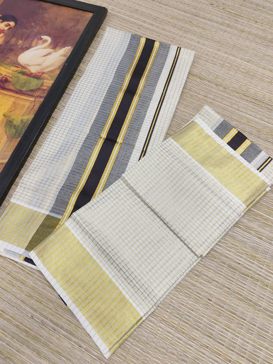 Pure cotton Kerala Set Mundu with all-over zari checks (2.80m).