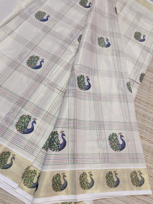 Peacock Printed Tissue Saree With Full Body Box Checks.