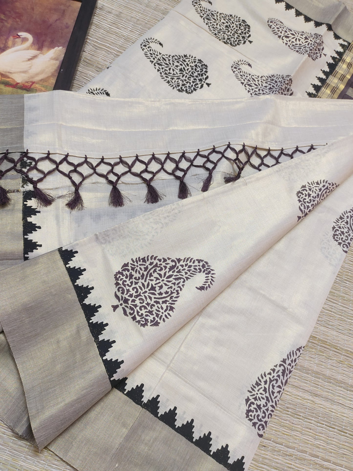 Premium Tissue saree in Coffee Brown With Handblock Prints