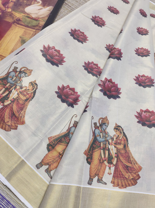 Premium Tissue Saree With All-Over Ram Sita And Lotus Digital Prints