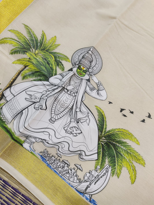 Premium Cotton Men's Double Mundu With Sticker Print.