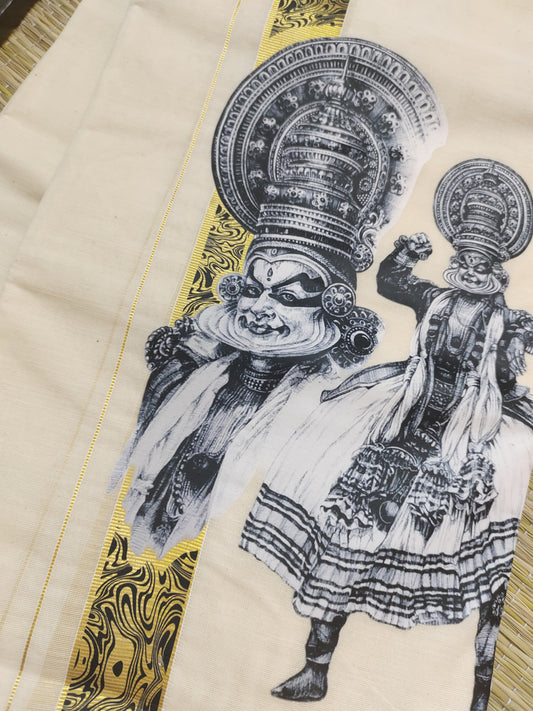 Premium Cotton Men's Double Mundu With Sticker Print.