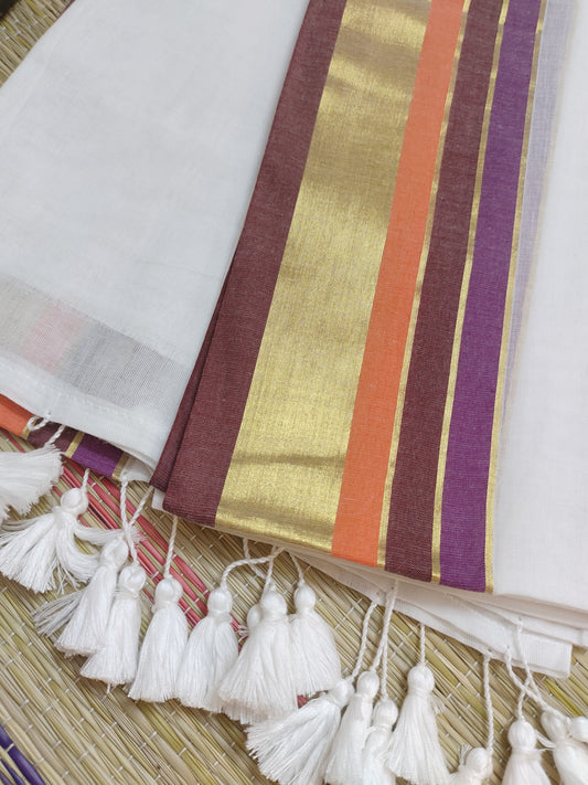 Premium Mul Cotton Saree With Zari Border And Tassels.