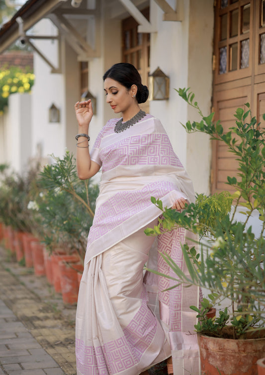 Rose gold tissue saree with hand block prints and fully printed blouse