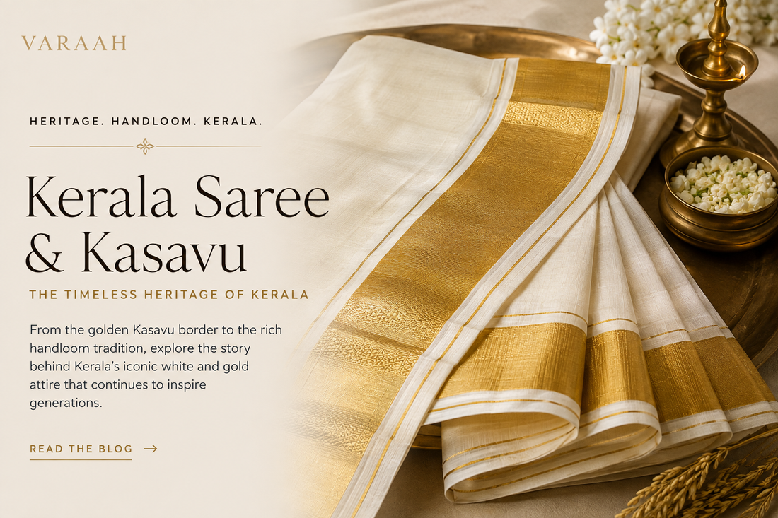 Traditional Kerala Kasavu saree in white and gold