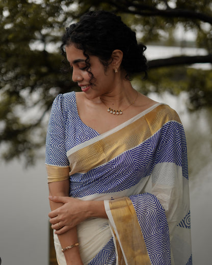Pure Cotton Hand Block Print Saree With Fully Printed Blouse.