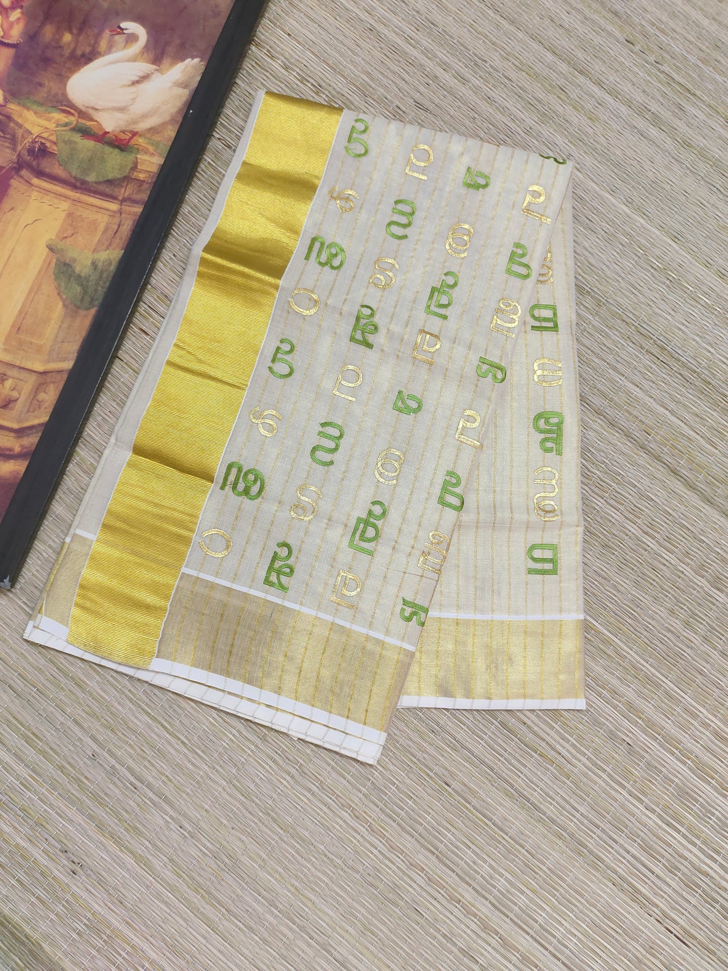 Aksharamala Embroidered Kasavu Saree -GREEN