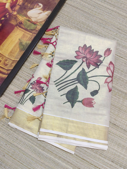 Premium Tissue Saree With Lotus Digital Prints and Floral blouse