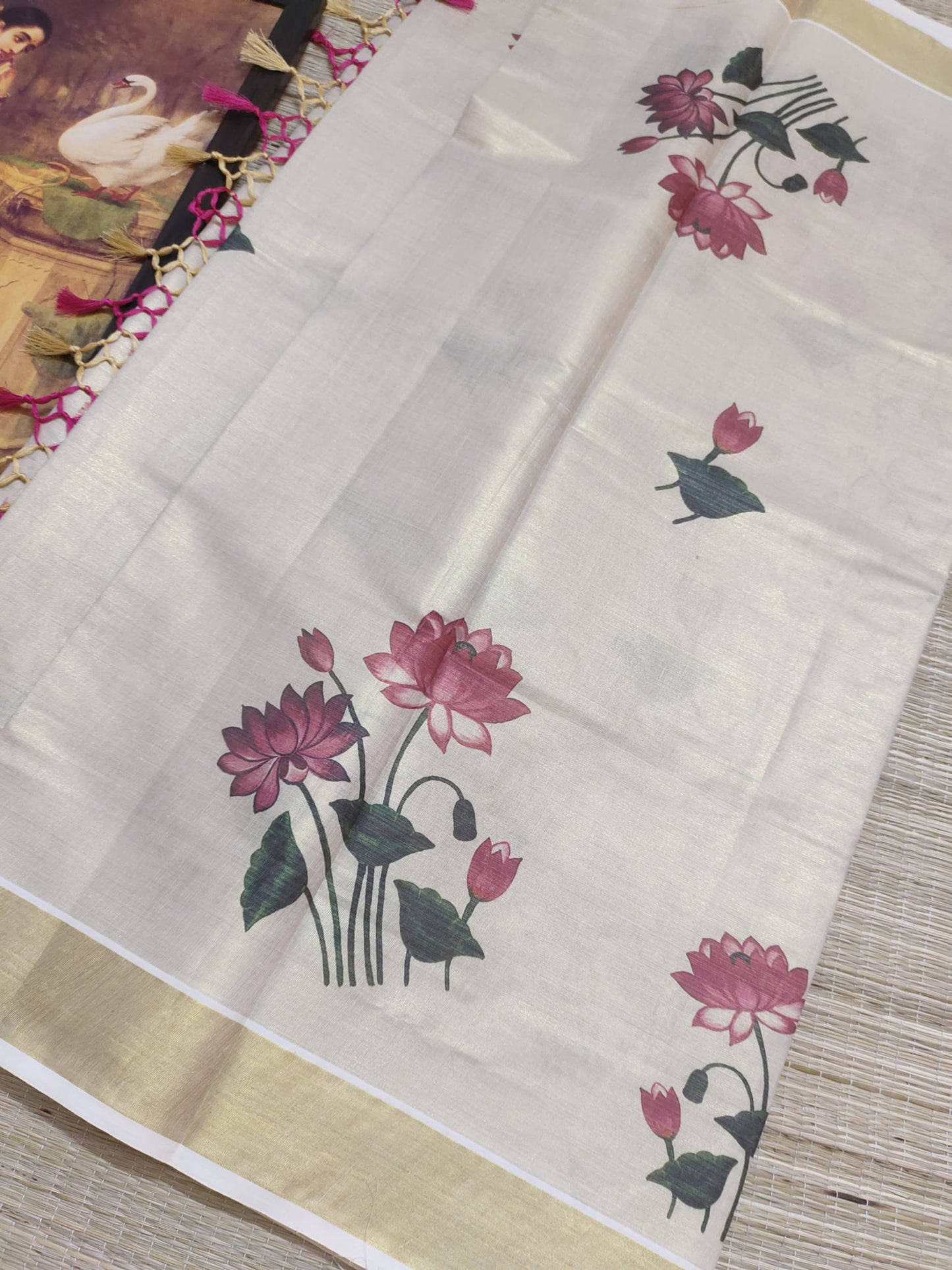 Premium Tissue Saree With Lotus Digital Prints and Floral blouse