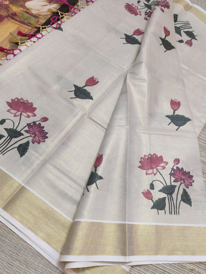 Premium Tissue Saree With Lotus Digital Prints and Floral blouse