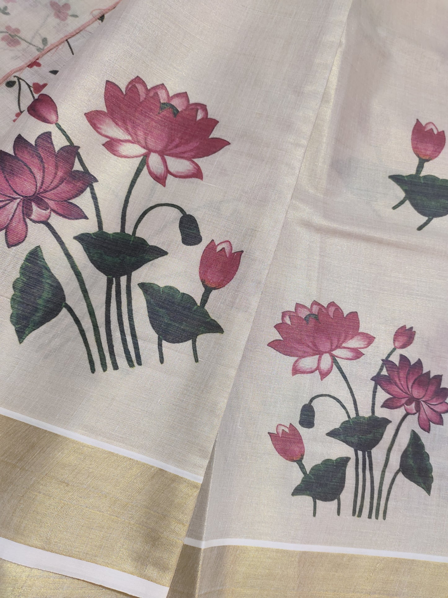 Premium Tissue Saree With Lotus Digital Prints and Floral blouse