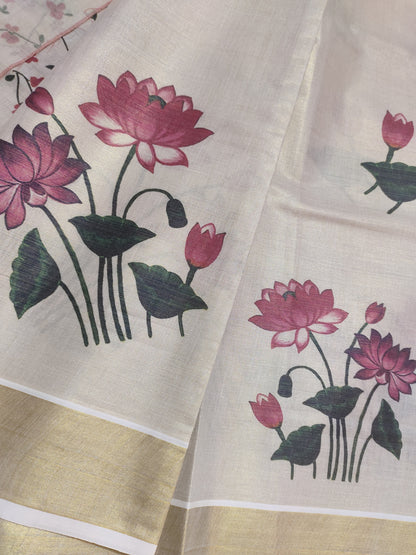 Premium Tissue Saree With Lotus Digital Prints and Floral blouse