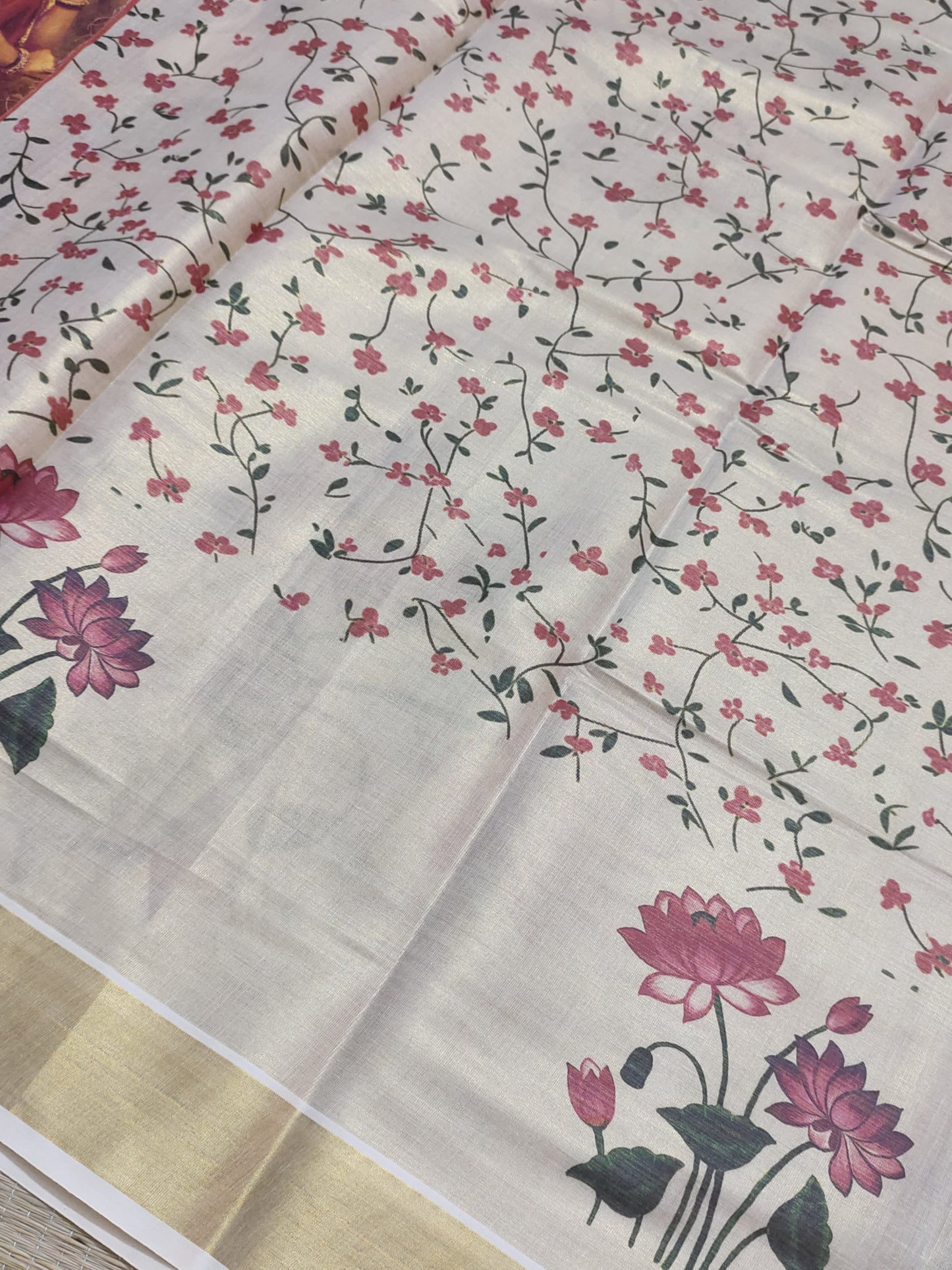 Premium Tissue Saree With Lotus Digital Prints and Floral blouse