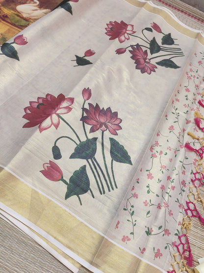 Premium Tissue Saree With Lotus Digital Prints and Floral blouse