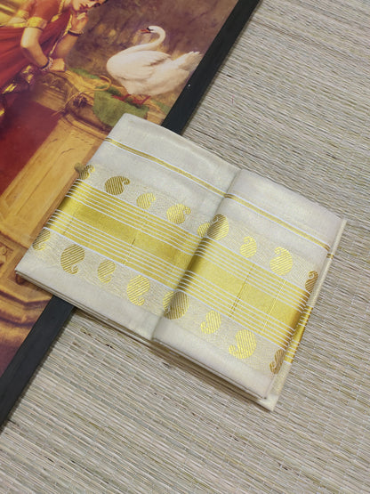 Premium Gold Tissue Set Mundu With Mango Buttas.