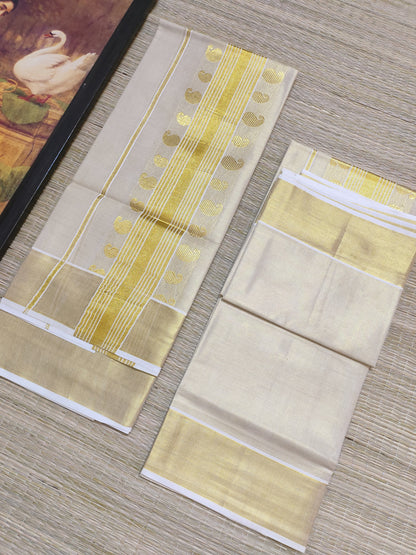 Premium Gold Tissue Set Mundu With Mango Buttas.