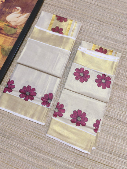 Premium Tissue Set Mundu With Floral Prints.