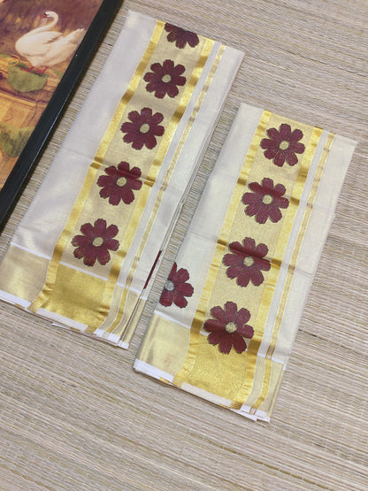 Premium Tissue Set Mundu With Floral Prints.