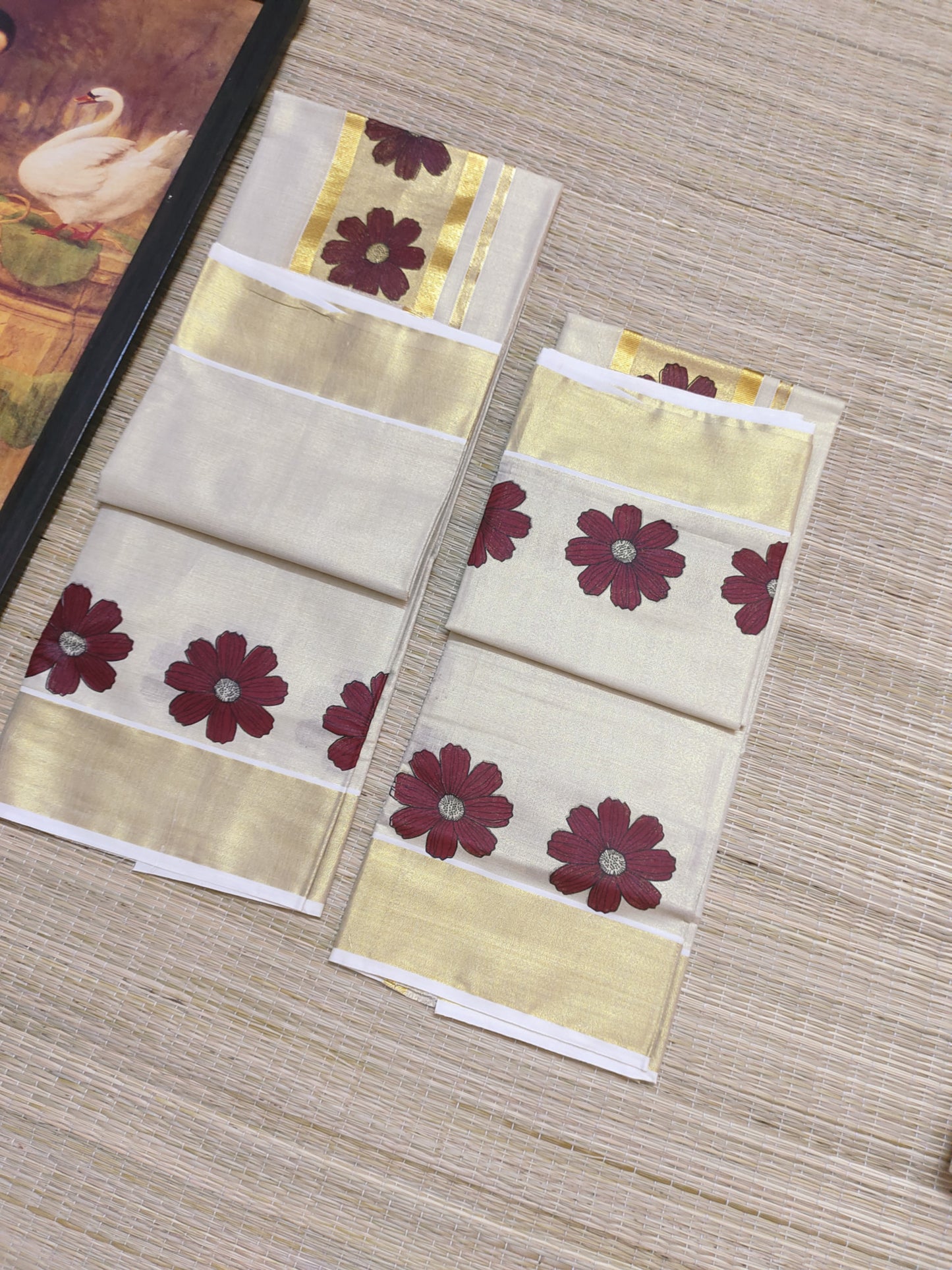 Premium Tissue Set Mundu With Floral Prints.