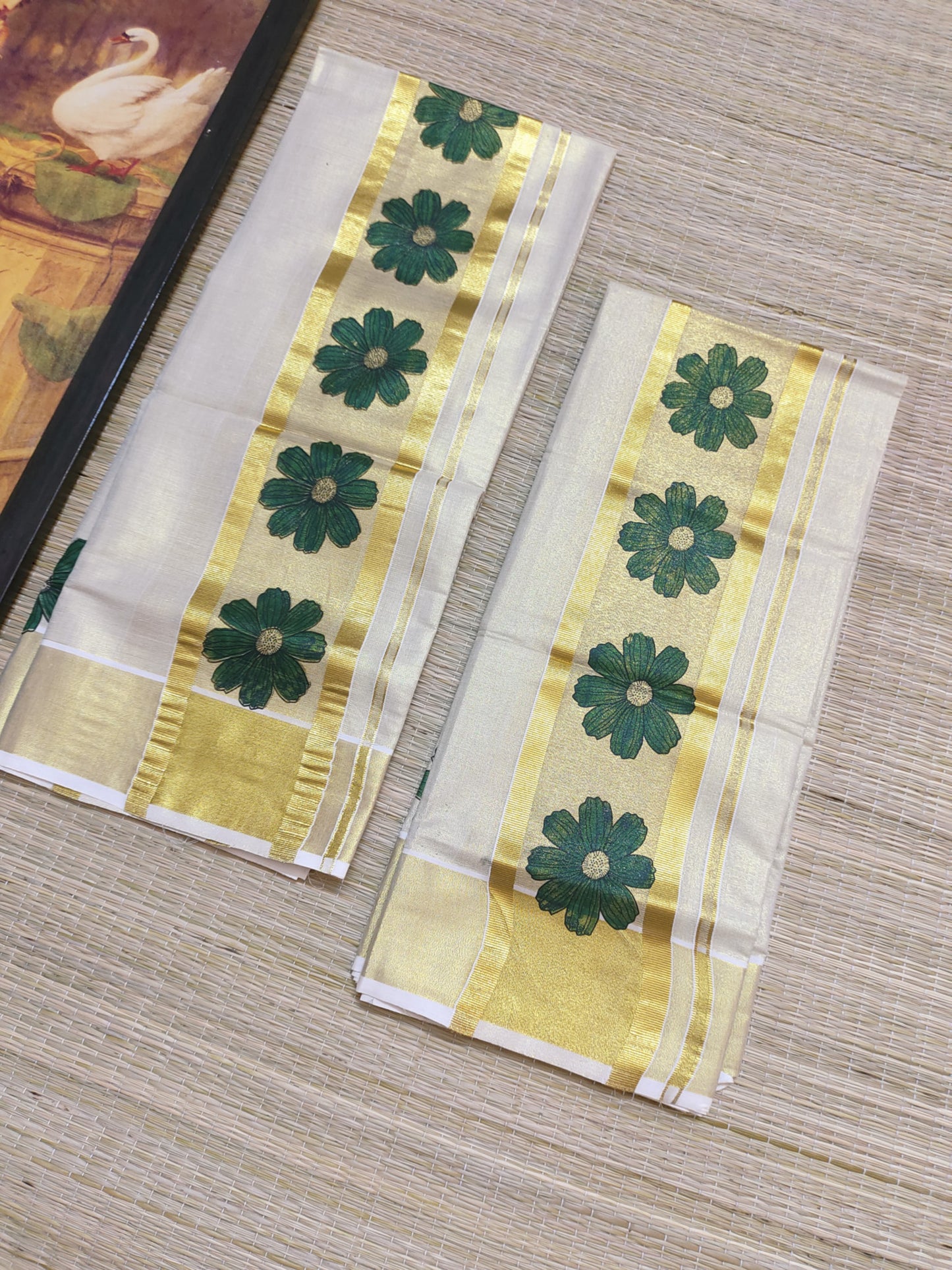 Premium Tissue Set Mundu With Floral Prints.
