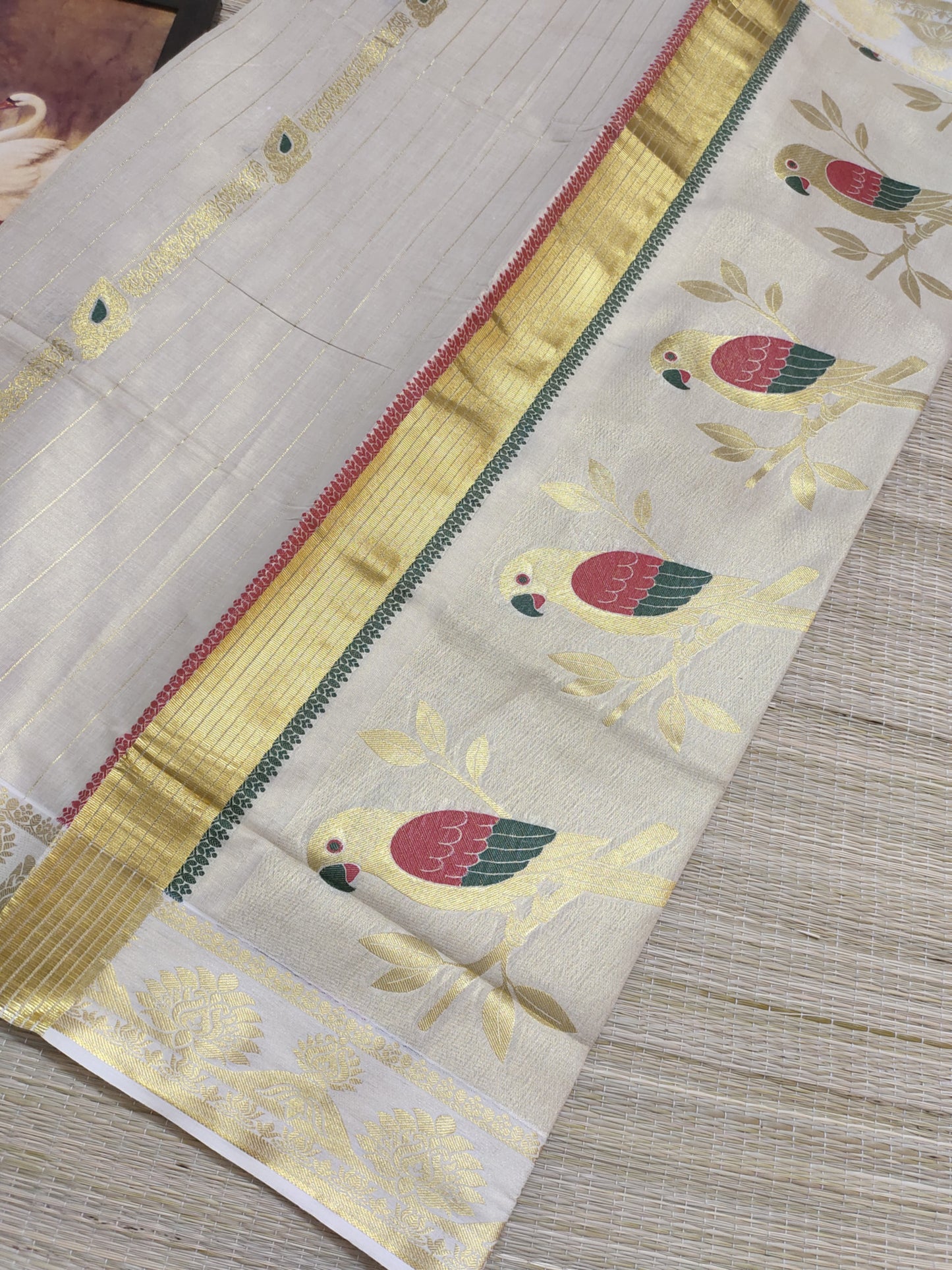 Tissue Jacquard Weave Saree With Parrot Motifs