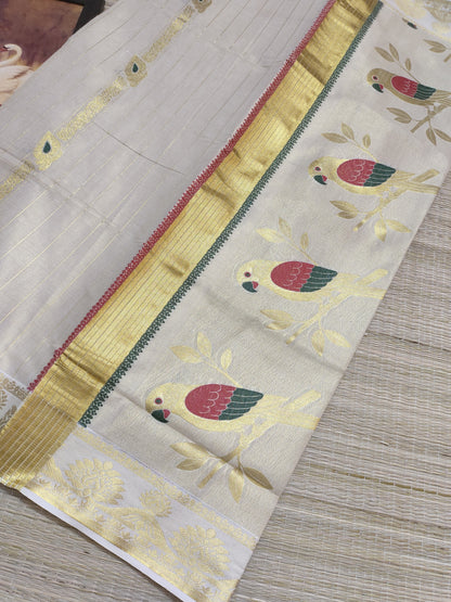 Tissue Jacquard Weave Saree With Parrot Motifs