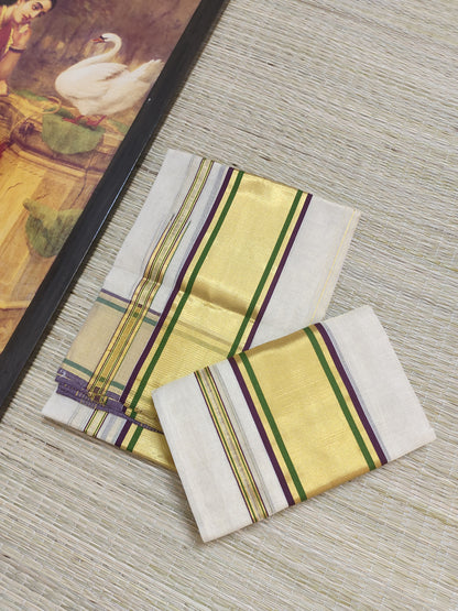 Premium Kuthampully Handloom Tissue Set Mundu With Stripes.