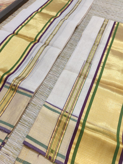 Premium Kuthampully Handloom Tissue Set Mundu With Stripes.