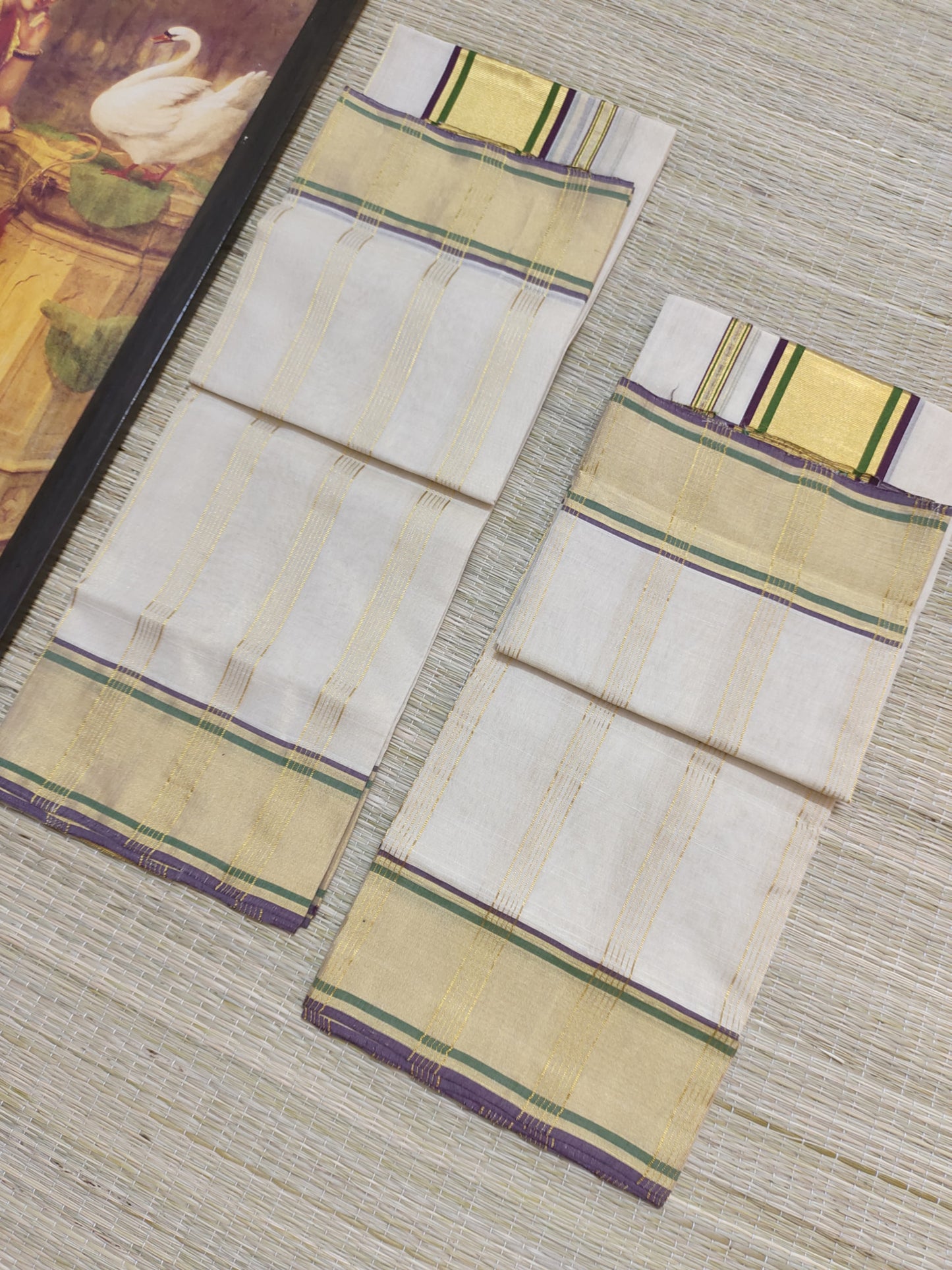 Premium Kuthampully Handloom Tissue Set Mundu With Stripes.