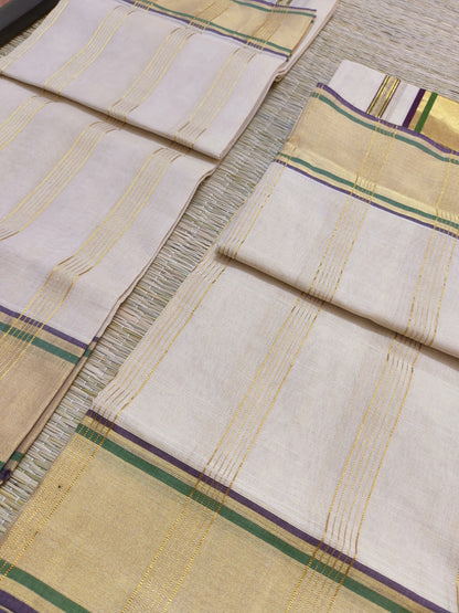 Premium Kuthampully Handloom Tissue Set Mundu With Stripes.