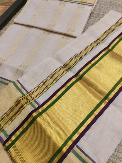 Premium Kuthampully Handloom Tissue Set Mundu With Stripes.
