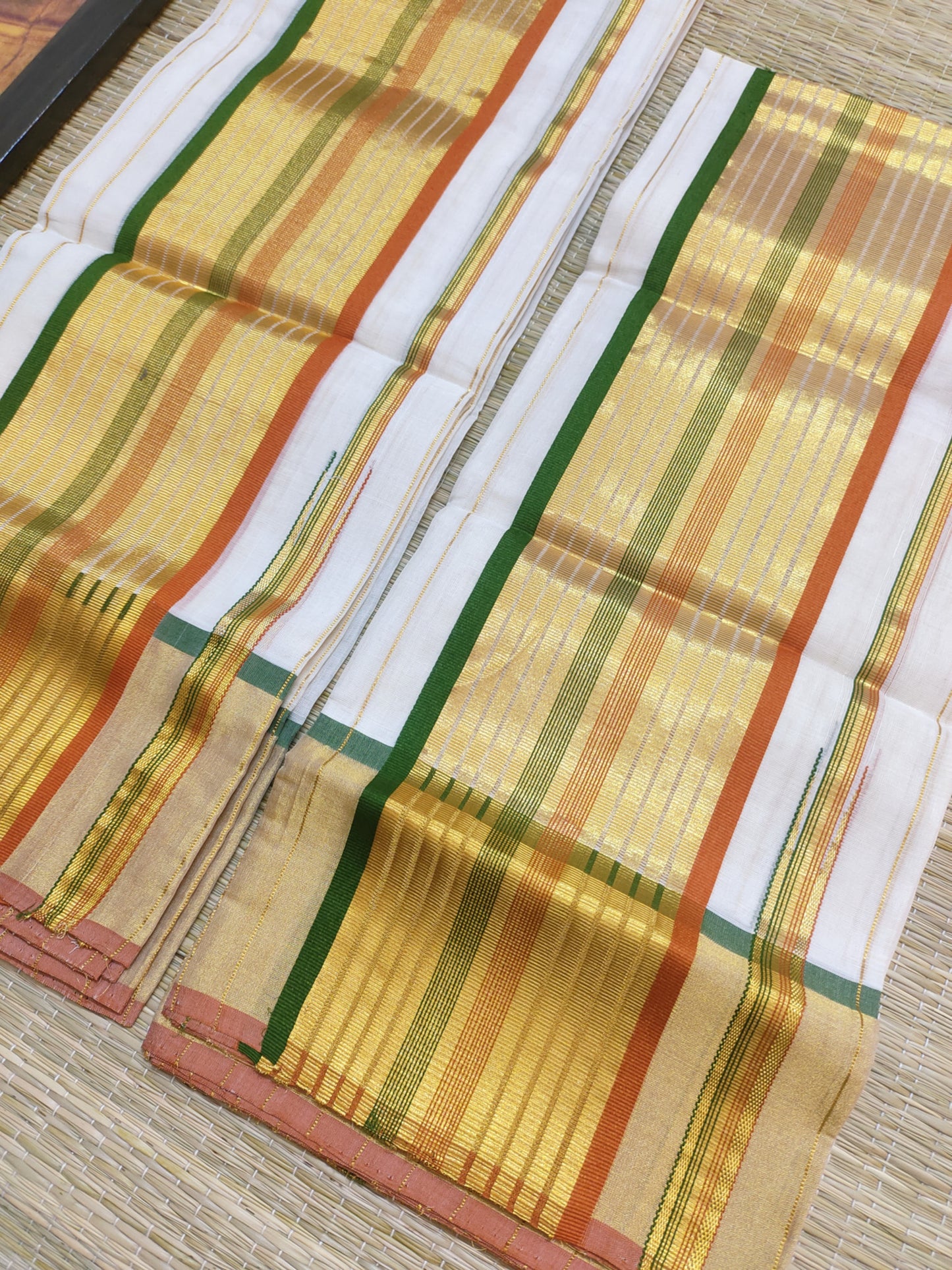 Premium Kuthampully  Handloom Cotton Set Mundu With All-Over Stripes.