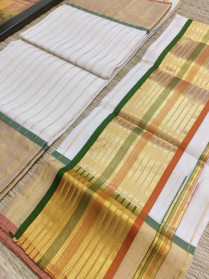 Premium Kuthampully  Handloom Cotton Set Mundu With All-Over Stripes.