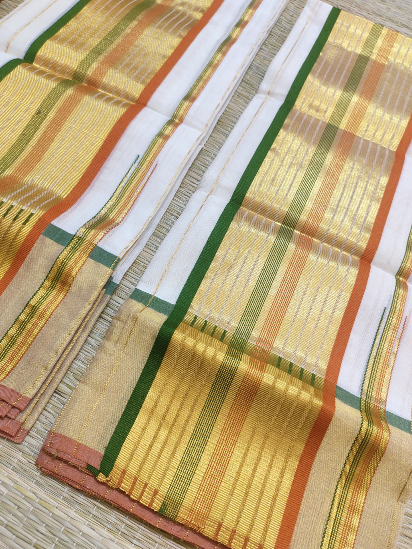 Premium Kuthampully  Handloom Cotton Set Mundu With All-Over Stripes.
