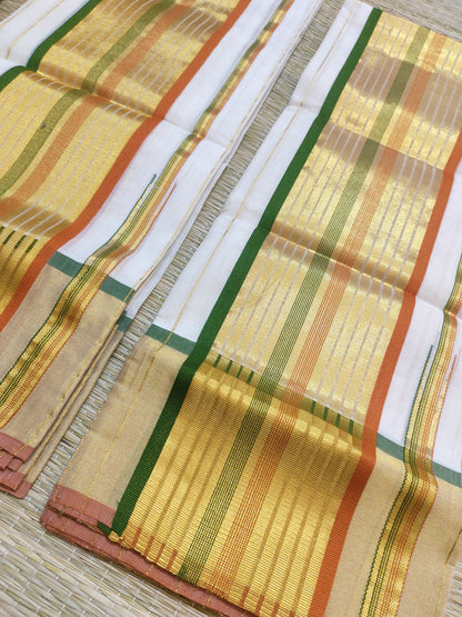 Premium Kuthampully  Handloom Cotton Set Mundu With All-Over Stripes.