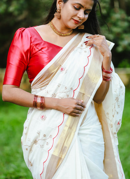 Pure cotton antique zari embroidery saree with running blouse