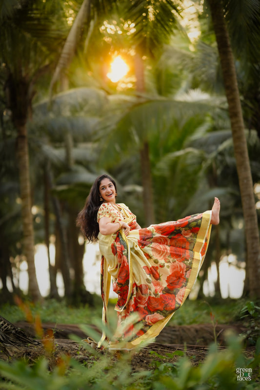 Tissue Dhavani set with red rose printed stitched skirt and matching unstitched blouse.