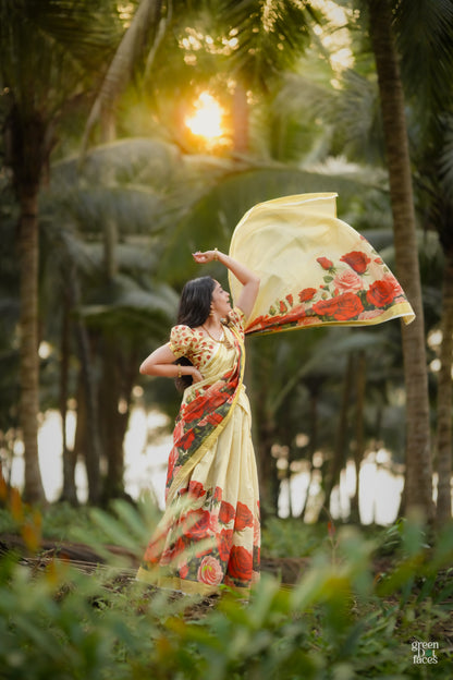 Tissue Dhavani set with red rose printed stitched skirt and matching unstitched blouse.