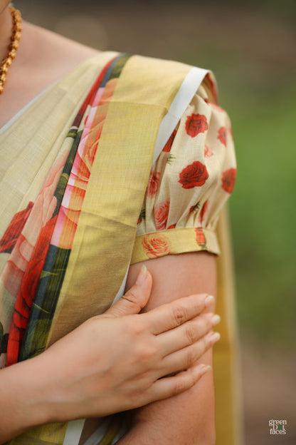 Tissue Dhavani set with red rose printed stitched skirt and matching unstitched blouse.