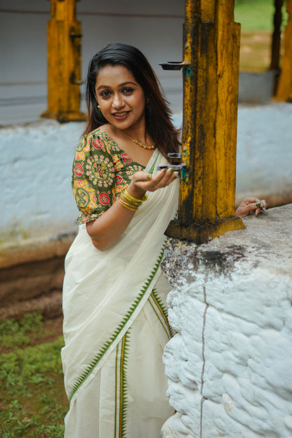 Cotton Puliyilakara Set Mundu With Temple Prints And Premium Ajrakh Blouse.