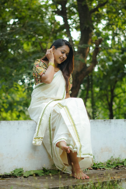 Cotton Puliyilakara Set Mundu With Temple Prints And Premium Ajrakh Blouse.