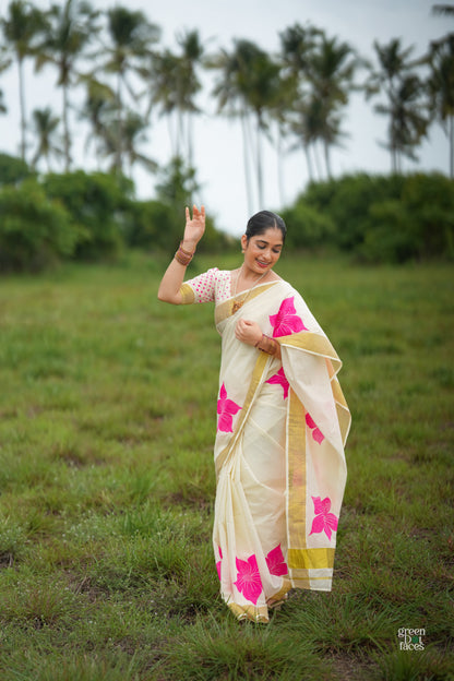 Premium cotton Kerala saree with trending floral prints and premium zari