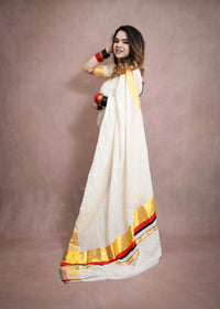 Kuthampully  handloom cotton saree with all-over Stripes -